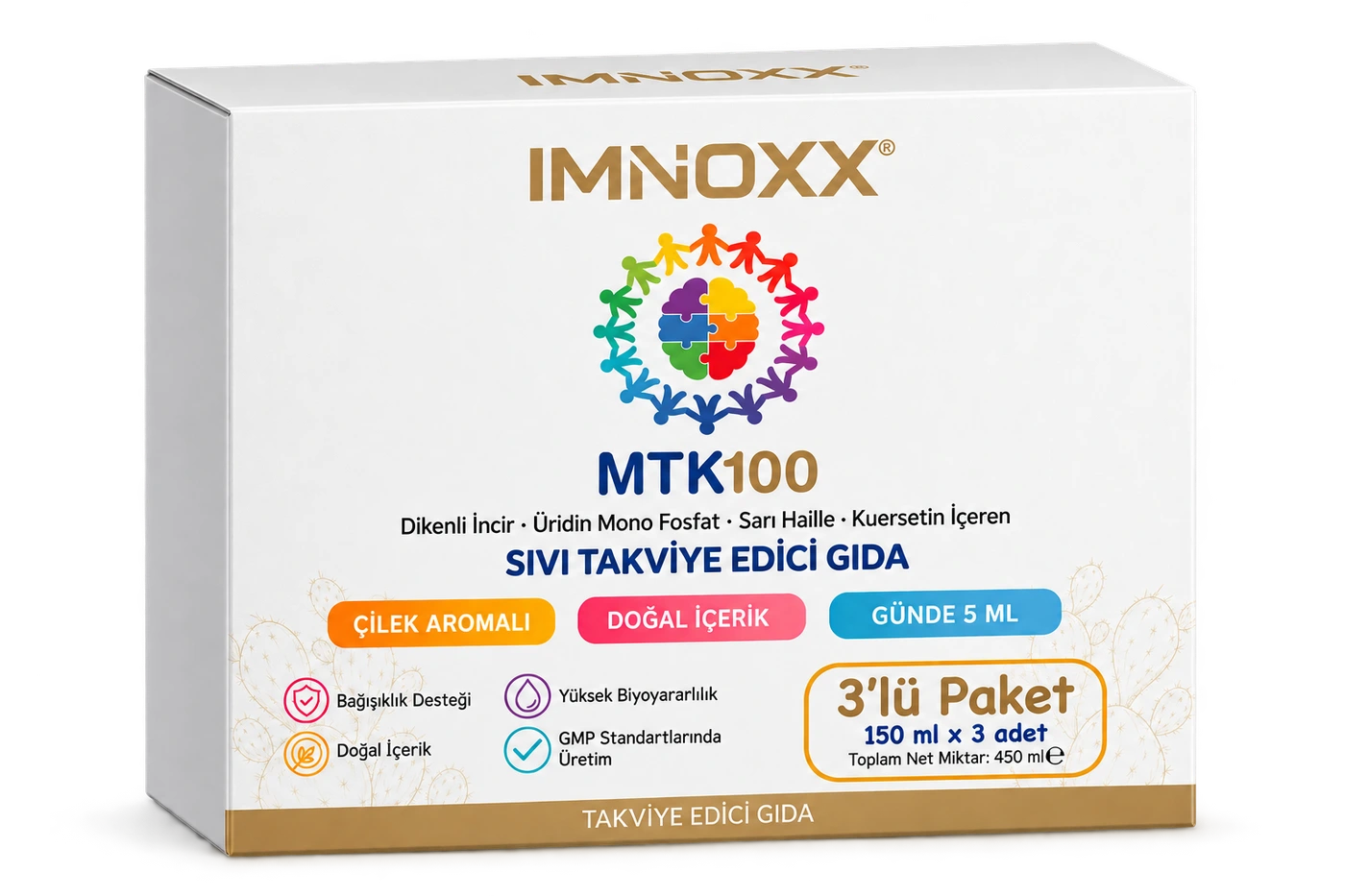 IMNOXX MTK100 — etiket tasarımından hazırlanmış ambalaj görselleştirmesi.